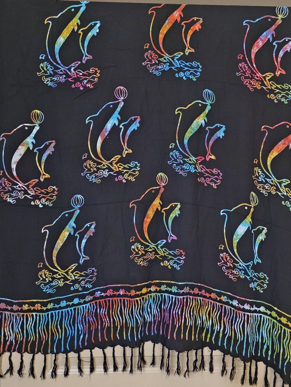 Vintage Ocean Blue Rainbow Dolphin TieDie  Wt Fringe Tassel Scarf Sarong 49"×62"